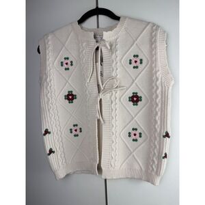 Sincerely Jules Cream Cable Knit Rose Embroidered Tie Front Vest Sweater Women S
